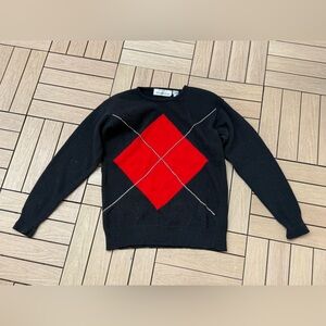 Saks Fifth Avenue 1990s black red diamond rhinestones lambs wool sweater